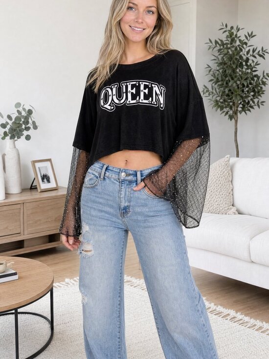 Tops - NEW Women Long Sleeve Studded "Queen"
